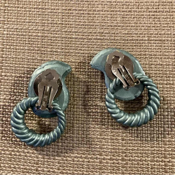 Vintage Jeff Lieb Blue Door Knocker Rhinestone Clip Earrings Designer Runway - Picture 2 of 4